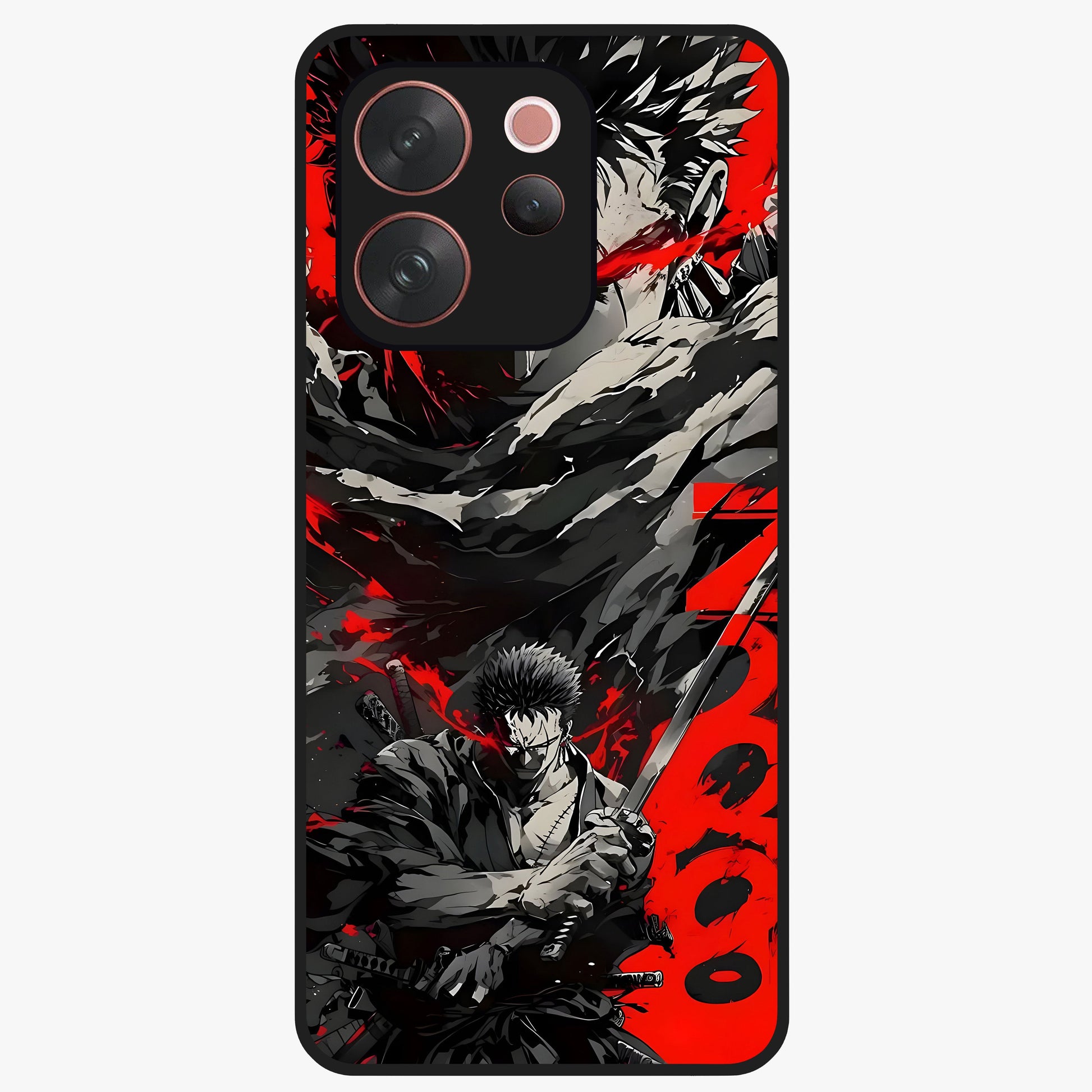 Demon Sword Resolve Glass Case showing flat back view with fierce sword warrior artwork and glossy glass finish.
