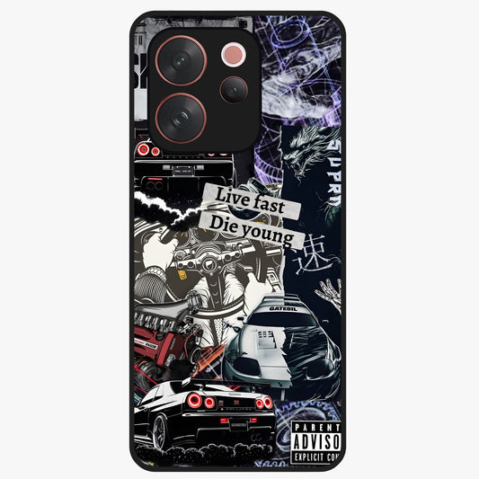 Die Young Glass Case showing flat back view with bold artistic typography design and glossy glass finish.