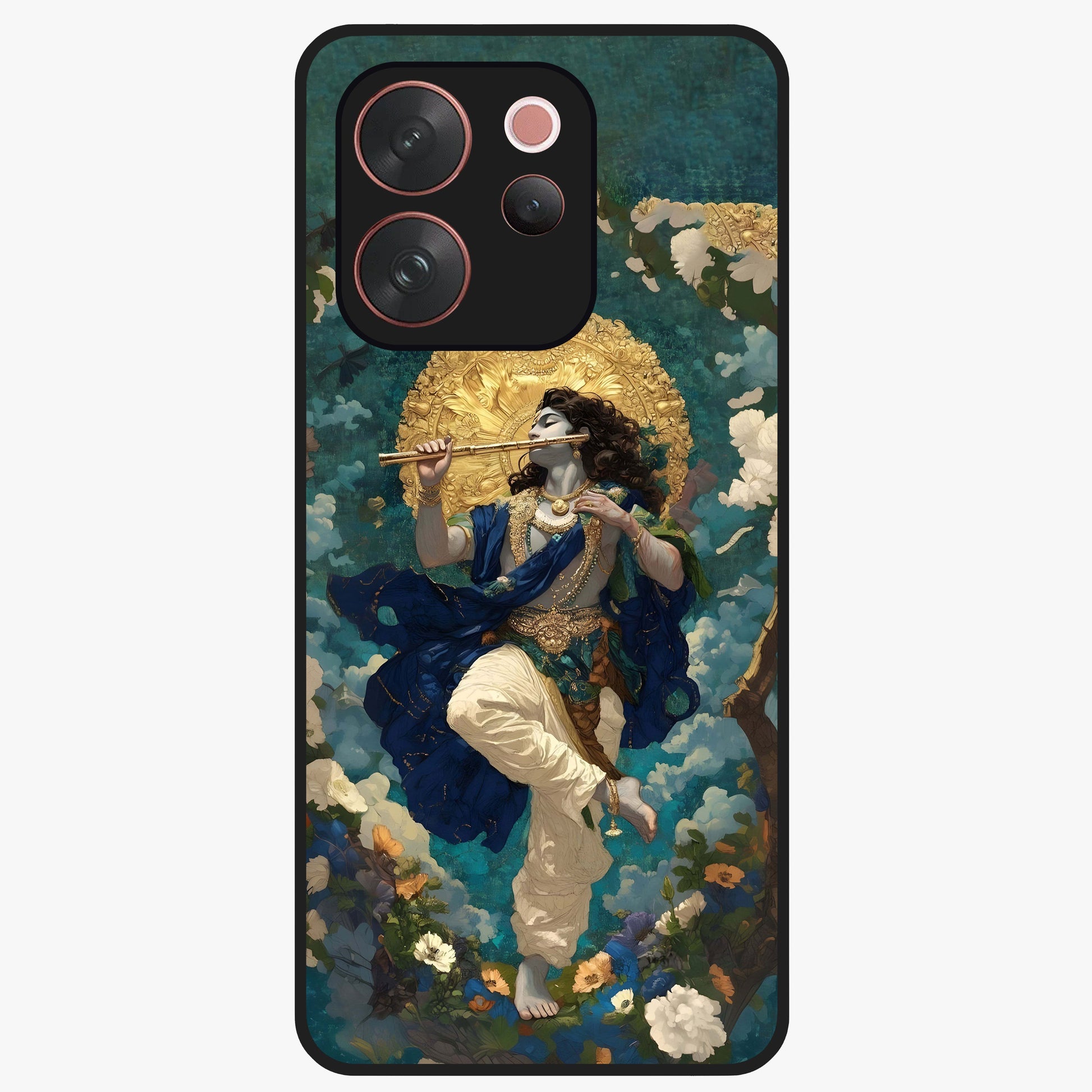 Divine Krishna Art Glass Case showing flat back view with Lord Krishna artwork and glossy glass finish.