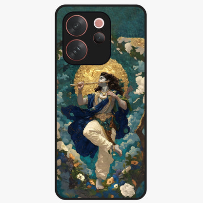 Divine Krishna Art Glass Case showing flat back view with Lord Krishna artwork and glossy glass finish.