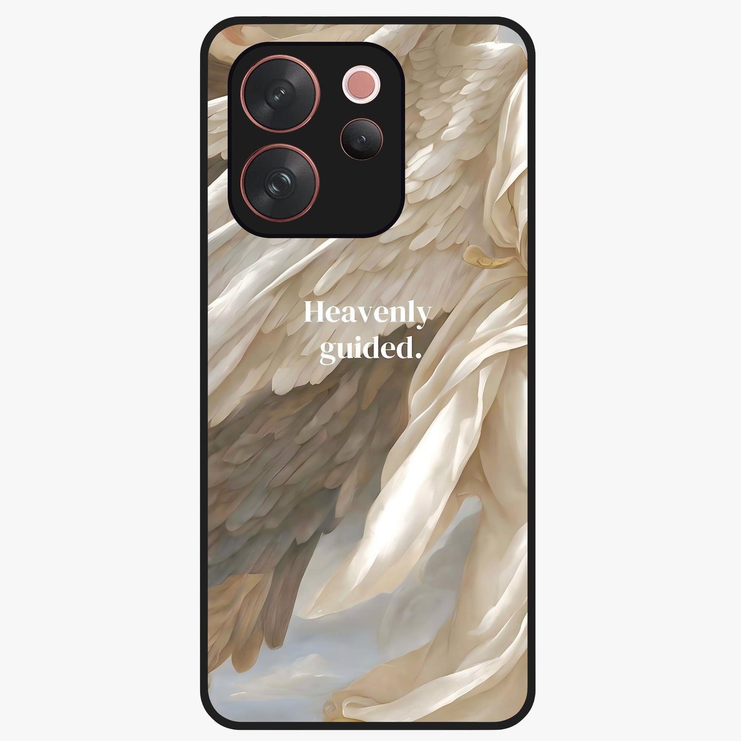 Divine Winged Grace Glass Case showing flat back view with elegant wing inspired artwork and glossy glass finish.