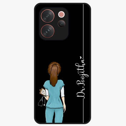Doctor Pattern Custom Name Glass Case showing flat back view with medical themed pattern and personalized name design.