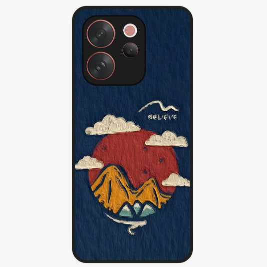 Dream Beyond Mountains Glass Case showing flat back view with scenic mountain landscape artwork and glossy glass finish.