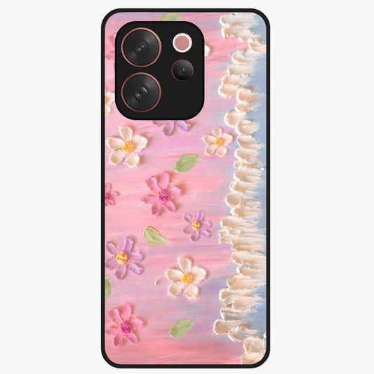 Dreamy Painted Garden Glass Case showing flat back view with artistic painted floral garden artwork and glossy glass finish.
