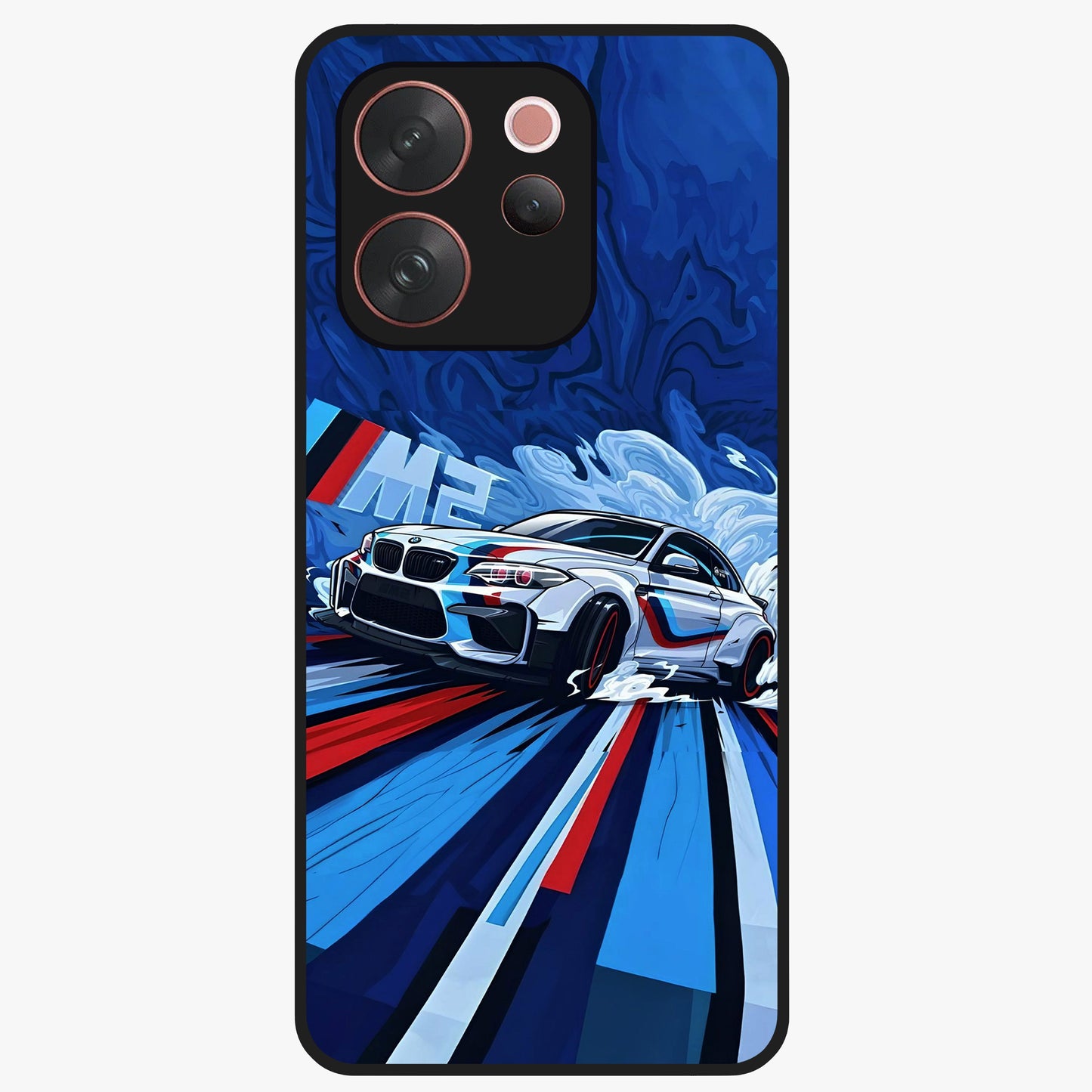 Drift Power Rush Glass Case showing flat back view with dynamic racing inspired artwork and glossy glass finish.