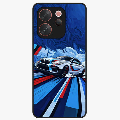 Drift Power Rush Glass Case showing flat back view with dynamic racing inspired artwork and glossy glass finish.