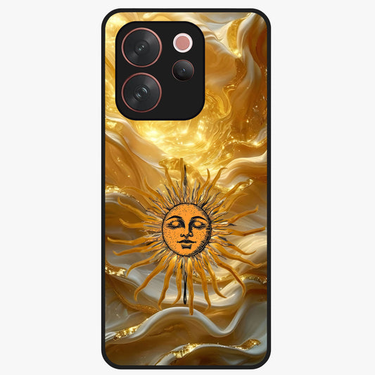 Eternal Golden Glow Glass Case showing flat back view with radiant golden themed artwork and glossy glass finish.
