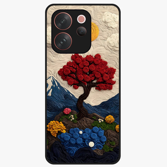 Eternal Nature Tapestry Glass Case showing flat back view with intricate nature tapestry artwork and glossy glass finish.