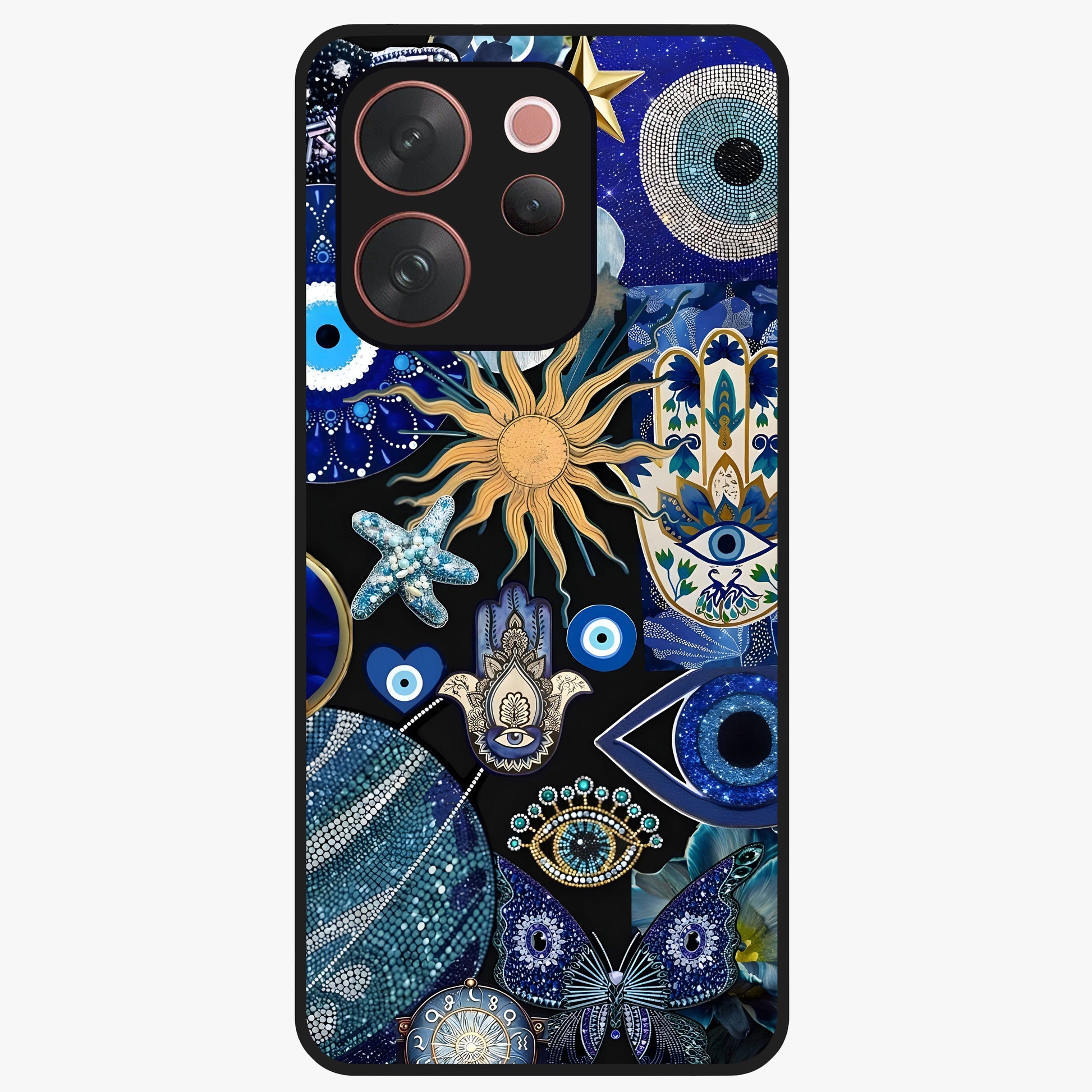 Evil Eye Charm Mix Glass Case showing flat back view with multiple evil eye charms artwork and glossy glass finish.