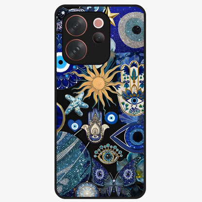 Evil Eye Charm Mix Glass Case showing flat back view with multiple evil eye charms artwork and glossy glass finish.