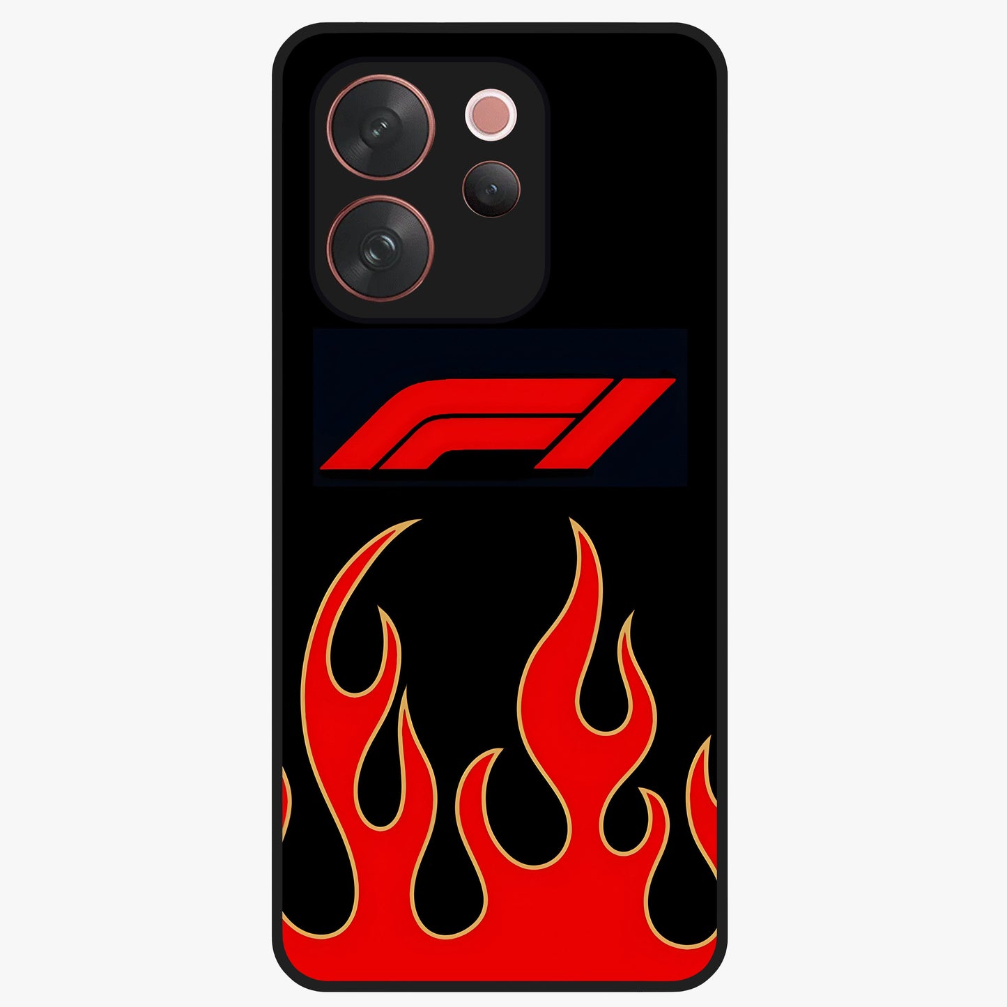 Fire F11 Glass Case showing flat back view with fiery themed artwork and glossy glass finish.