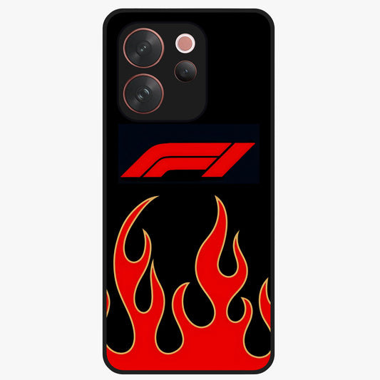 Fire F11 Glass Case showing flat back view with fiery themed artwork and glossy glass finish.