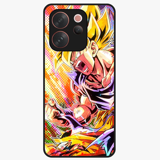 Firing Goku Glass Case showing flat back view with powerful anime inspired artwork and glossy glass finish.