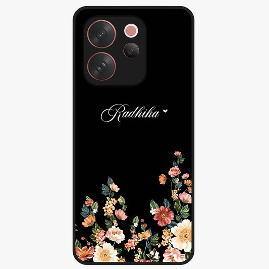 Floral Design With a Custom Personalized Name Glass Case showing flat back view with floral artwork and personalized name design.