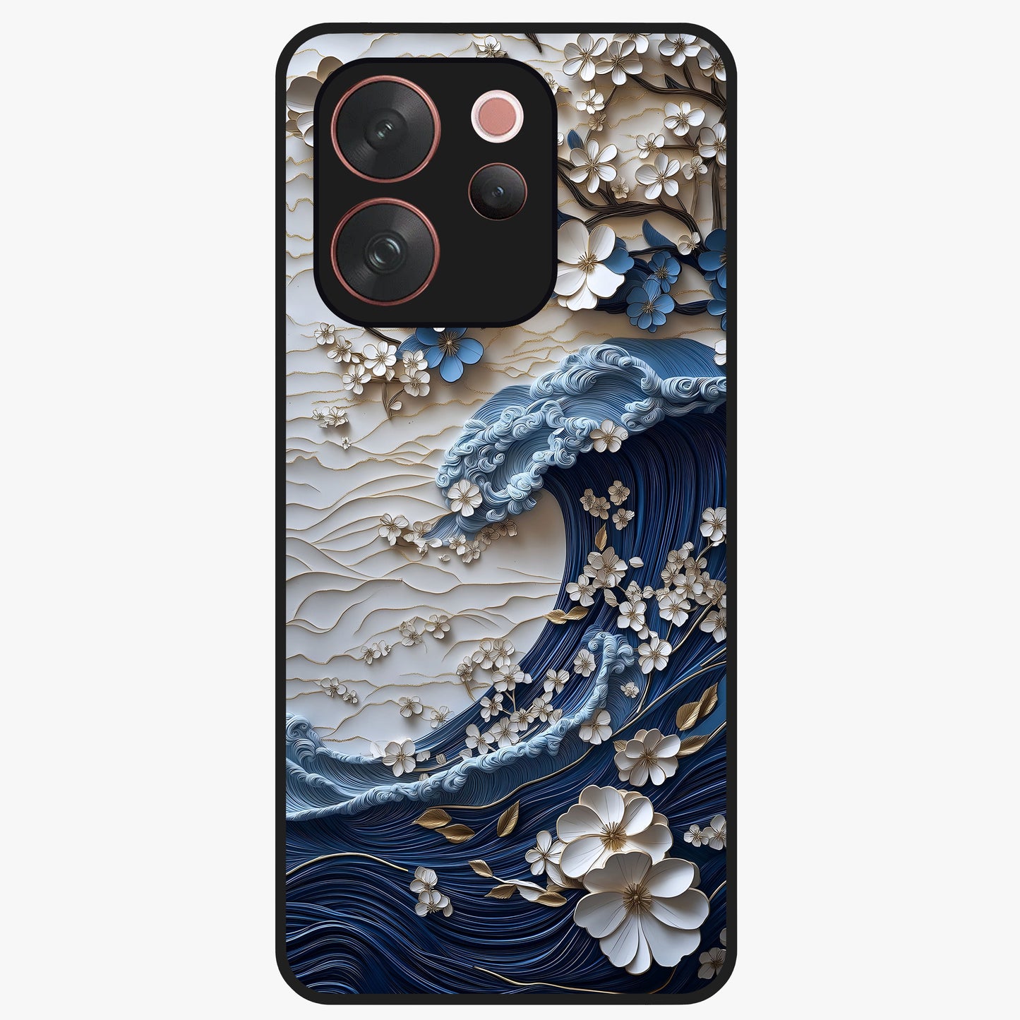Floral Wave Origami Glass Case showing flat back view with origami inspired floral wave artwork and glossy glass finish.
