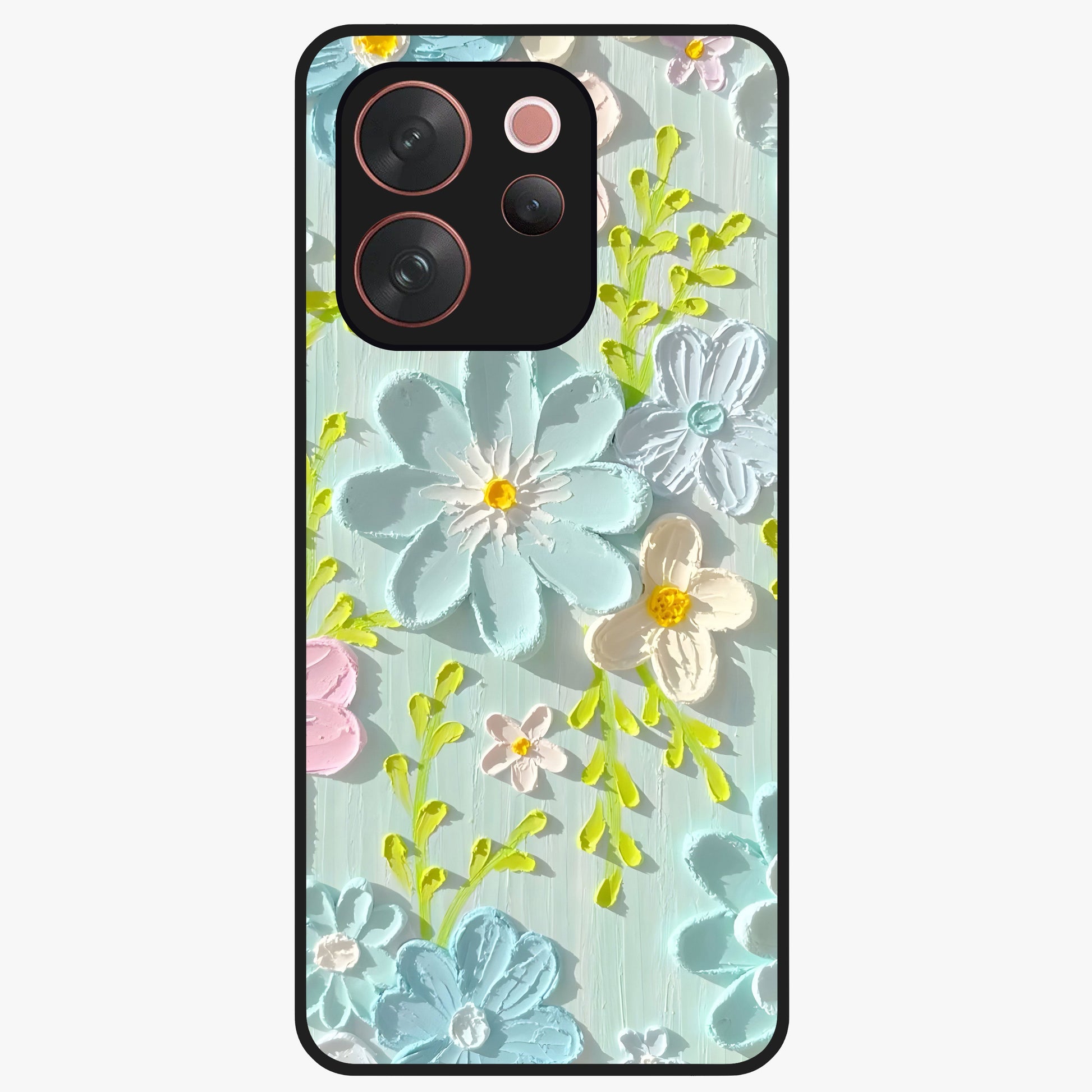 Frosted Petal Garden Glass Case showing flat back view with soft frosted floral artwork and glossy glass finish.