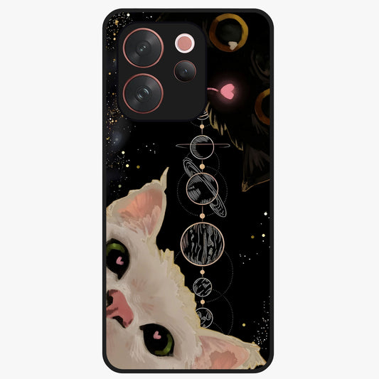 Galactic Cat Glass Case showing flat back view with cosmic cat artwork and glossy glass finish.