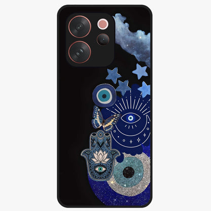 Galactic Charm Cluster Glass Case showing flat back view with glowing celestial charm artwork and glossy glass finish.