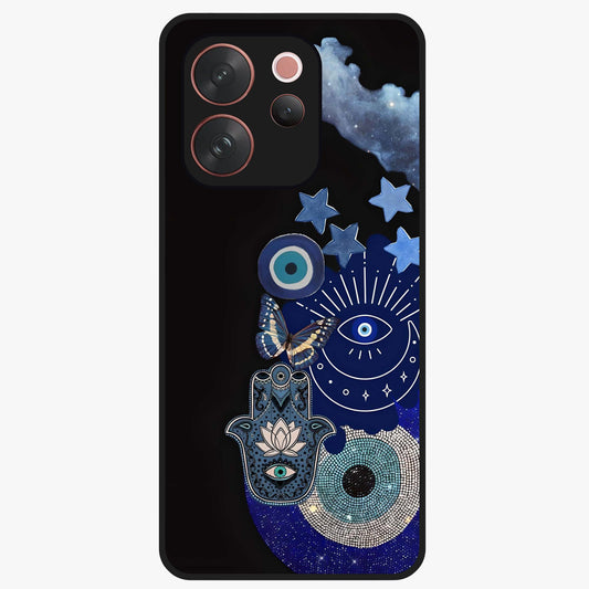 Galactic Charm Cluster Glass Case showing flat back view with glowing celestial charm artwork and glossy glass finish.