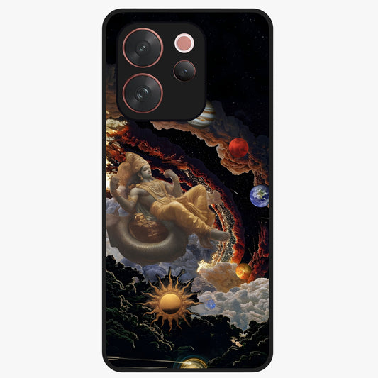 Galactic Divine God Glass Case showing flat back view with divine cosmic themed artwork and glossy glass finish.