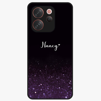 Glittery Purple Bokeh Custom Name Glass Case showing flat back view with purple bokeh sparkle artwork and personalized name design.