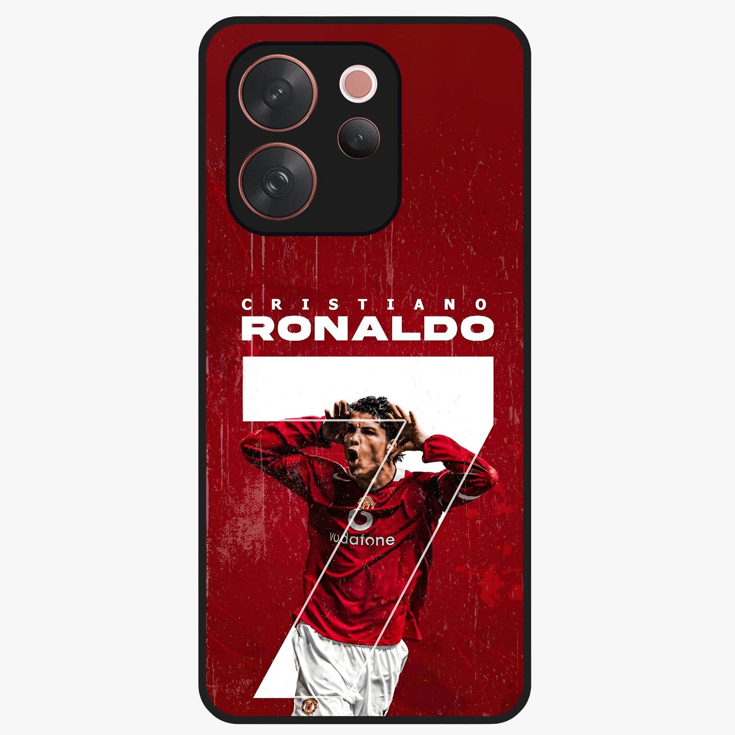 Goal Celebration Legacy Glass Case showing flat back view with football celebration inspired artwork and glossy glass finish.