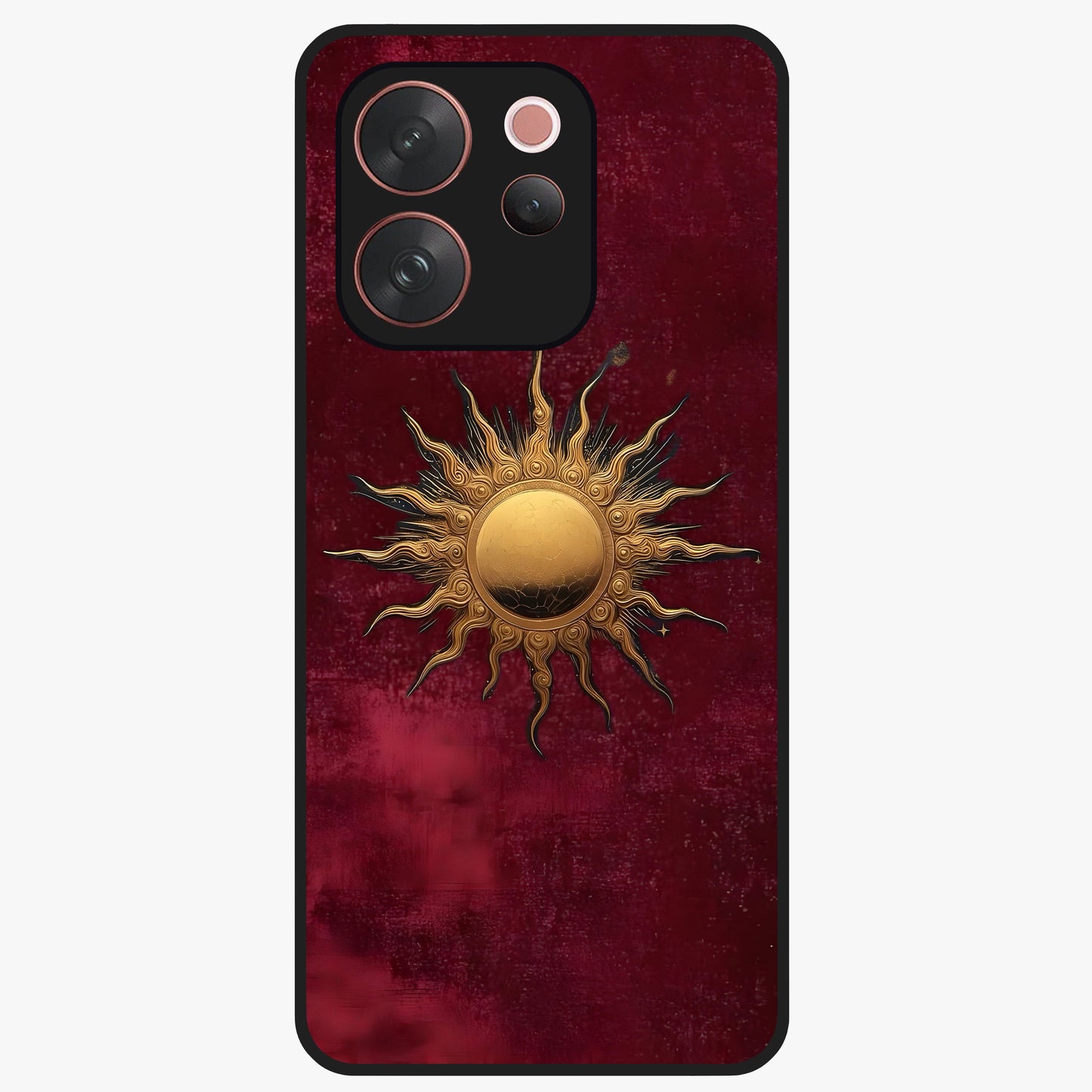Gold Sun Blush Glass Case showing flat back view with golden sun inspired artwork and glossy glass finish.