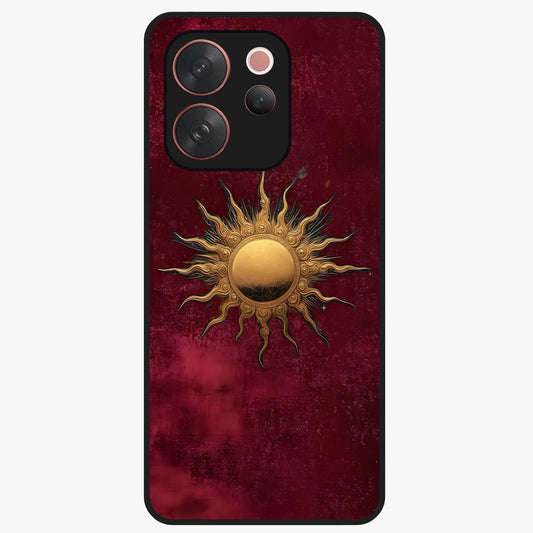 Gold Sun Blush Glass Case showing flat back view with golden sun inspired artwork and glossy glass finish.
