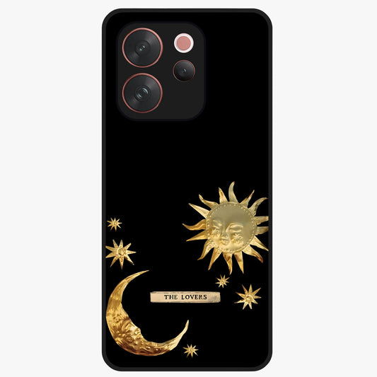 Golden Celestial Charm Glass Case showing flat back view with golden celestial charm artwork and glossy glass finish.