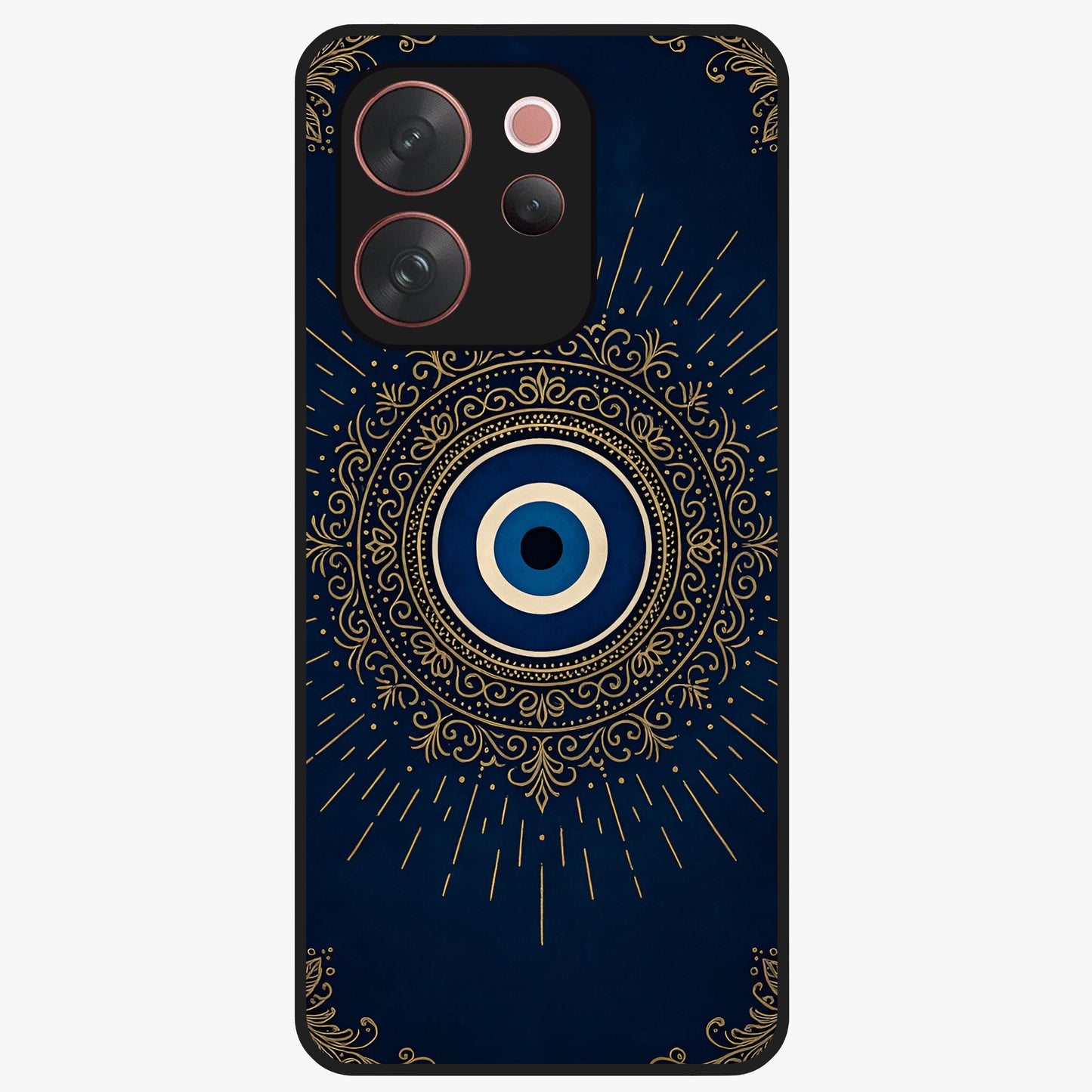Golden Evil Eye Mandala Glass Case showing flat back view with intricate evil eye mandala artwork and glossy glass finish.