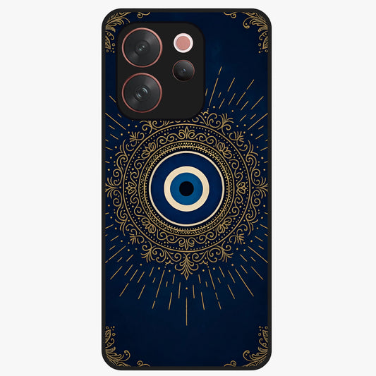 Golden Evil Eye Mandala Glass Case showing flat back view with intricate evil eye mandala artwork and glossy glass finish.