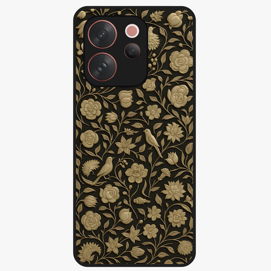 Golden Floral Majesty Glass Case showing flat back view with luxurious golden floral artwork and glossy glass finish.