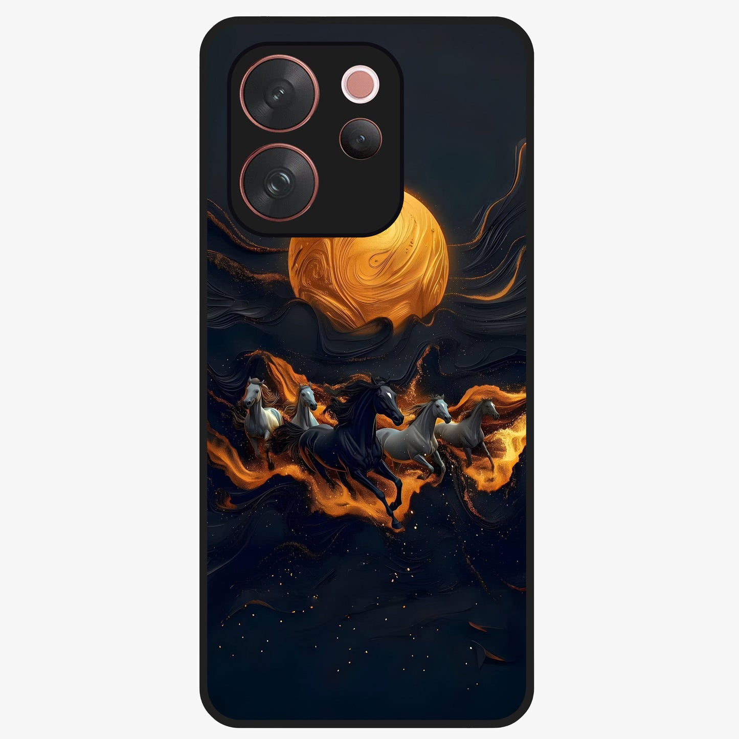 Golden Stallion Moonride Glass Case showing flat back view with majestic horse under moonlight artwork and glossy glass finish.