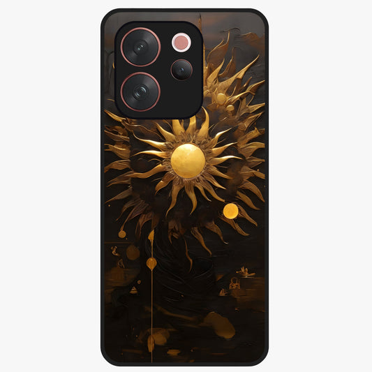 Golden Sun Majesty Glass Case showing flat back view with radiant golden sun artwork and glossy glass finish.
