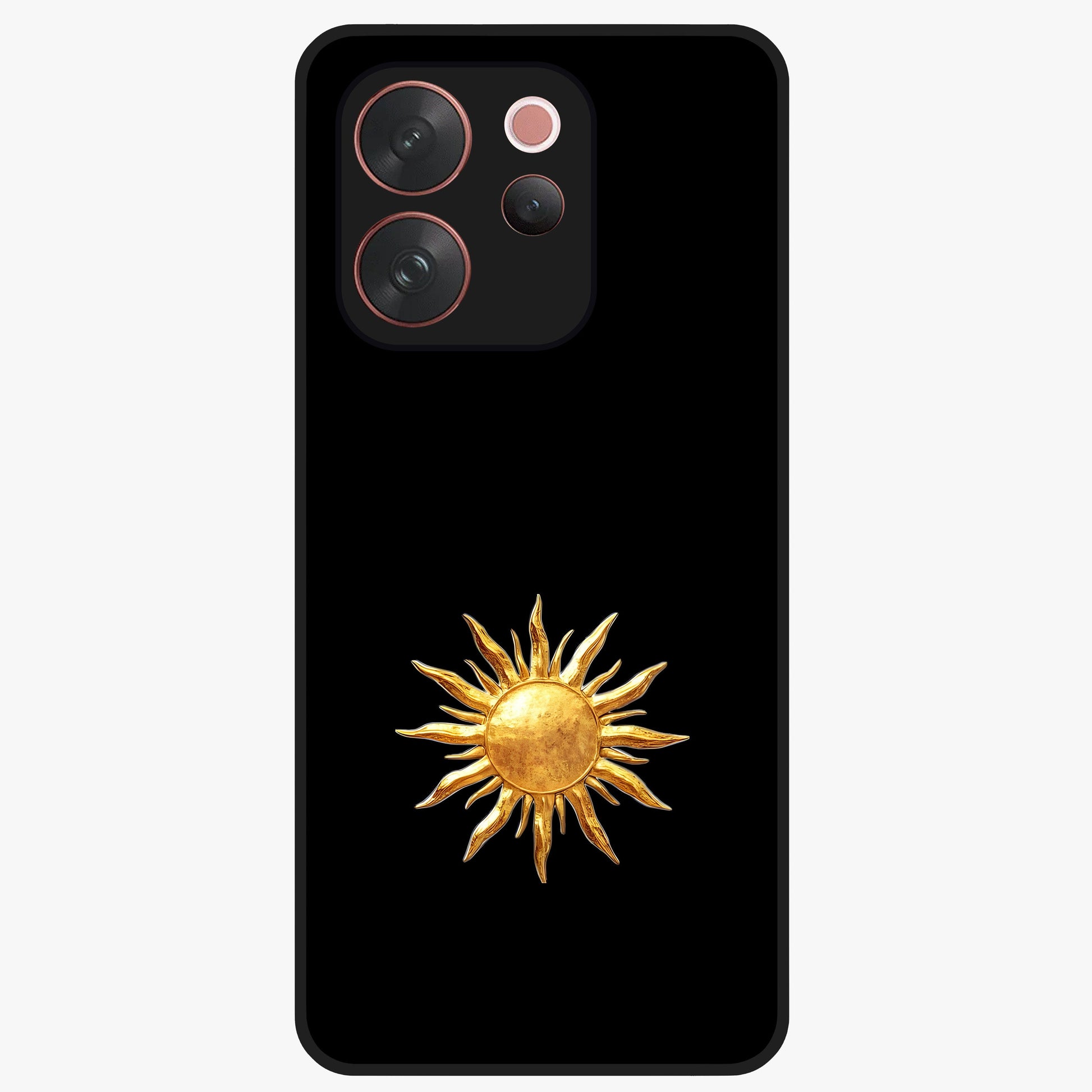 Golden Sun Minimalism Glass Case showing flat back view with minimal golden sun artwork and glossy glass finish.