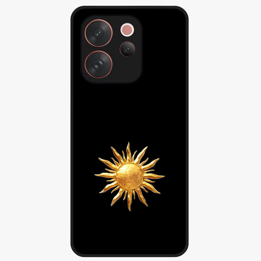 Golden Sun Minimalism Glass Case showing flat back view with minimal golden sun artwork and glossy glass finish.