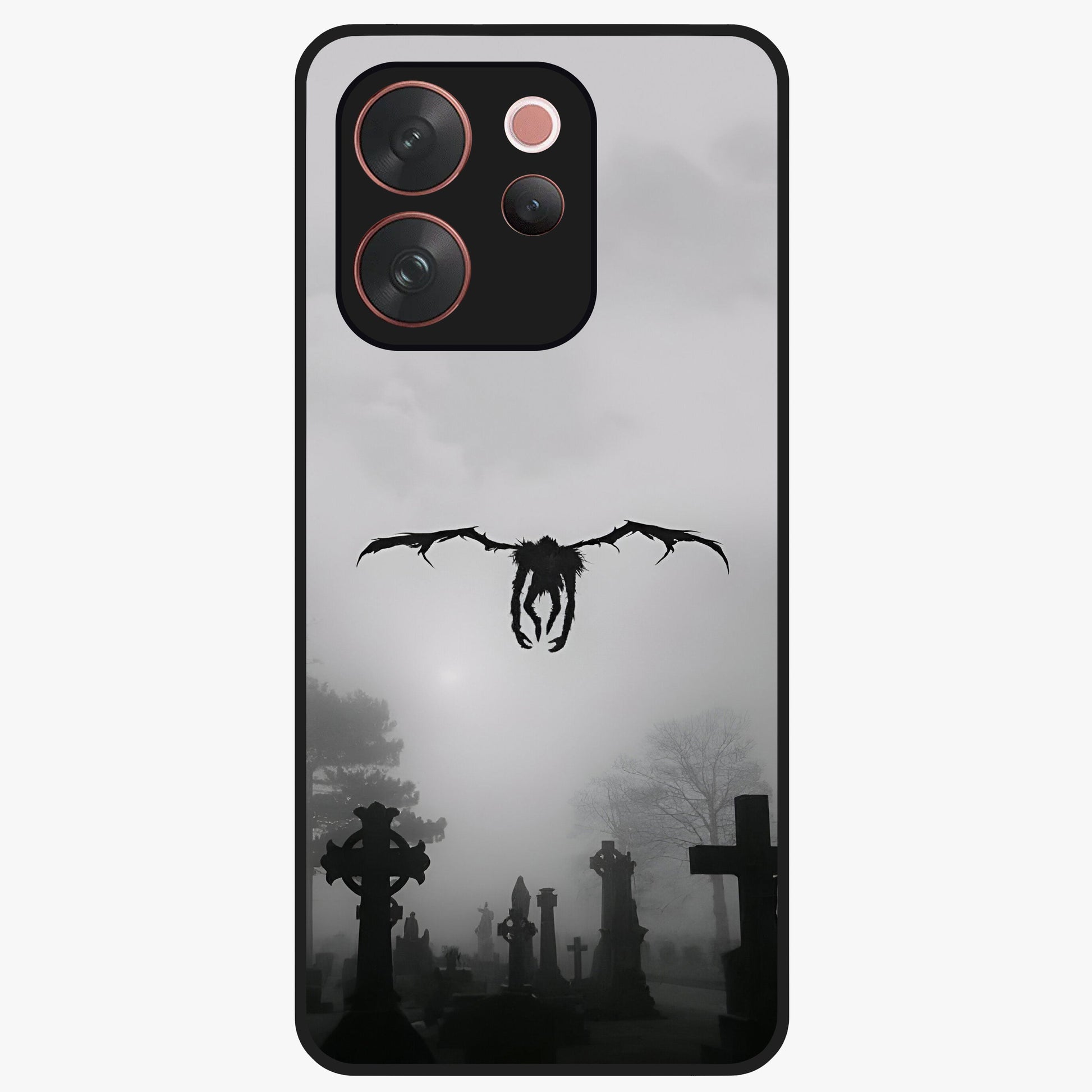 Graveyard Shadow Descent Glass Case showing flat back view with dark graveyard themed artwork and glossy glass finish.