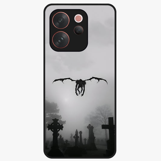 Graveyard Shadow Descent Glass Case showing flat back view with dark graveyard themed artwork and glossy glass finish.