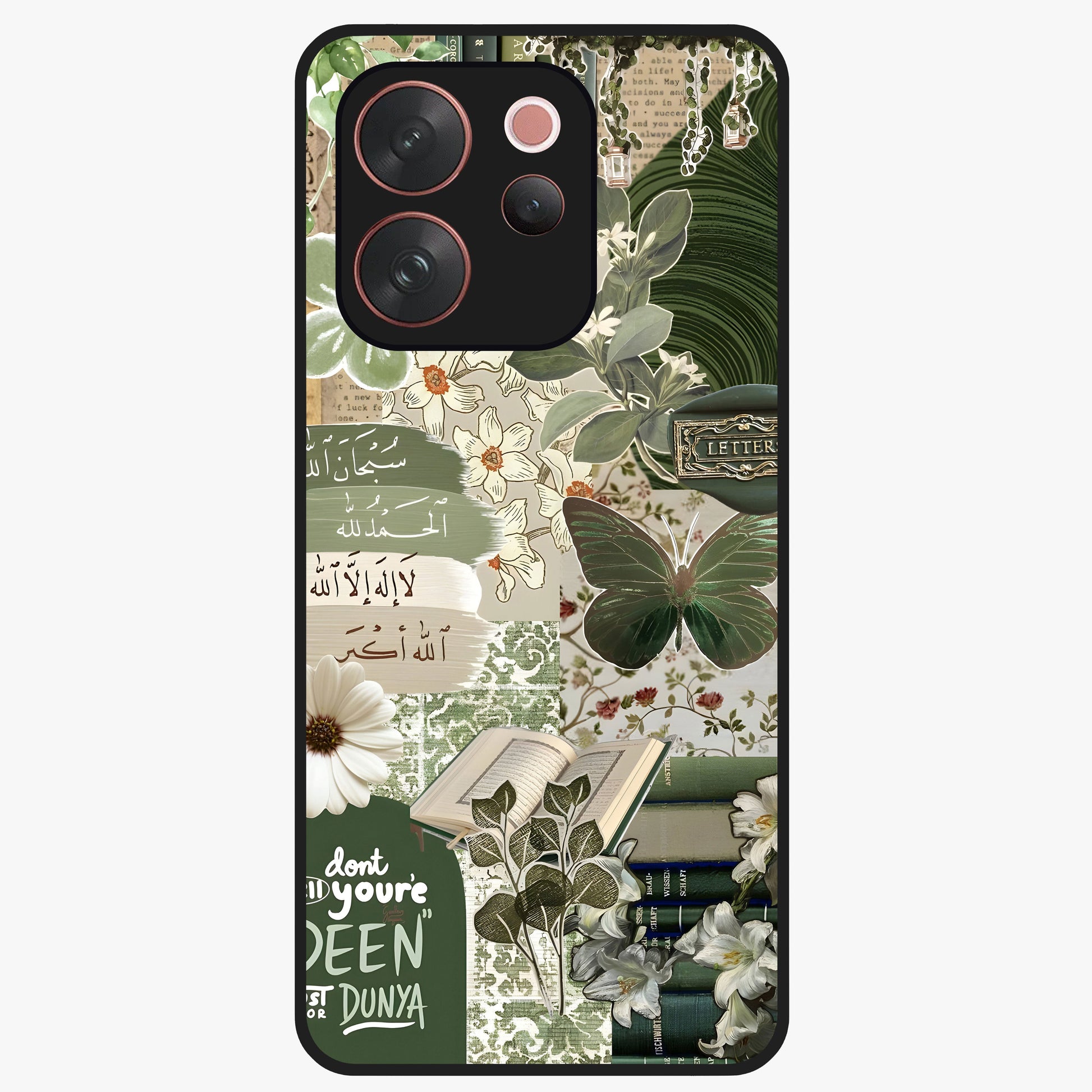 Green Islamic Books Quotes Glass Case showing flat back view with Islamic quotes and book themed artwork and glossy glass finish.