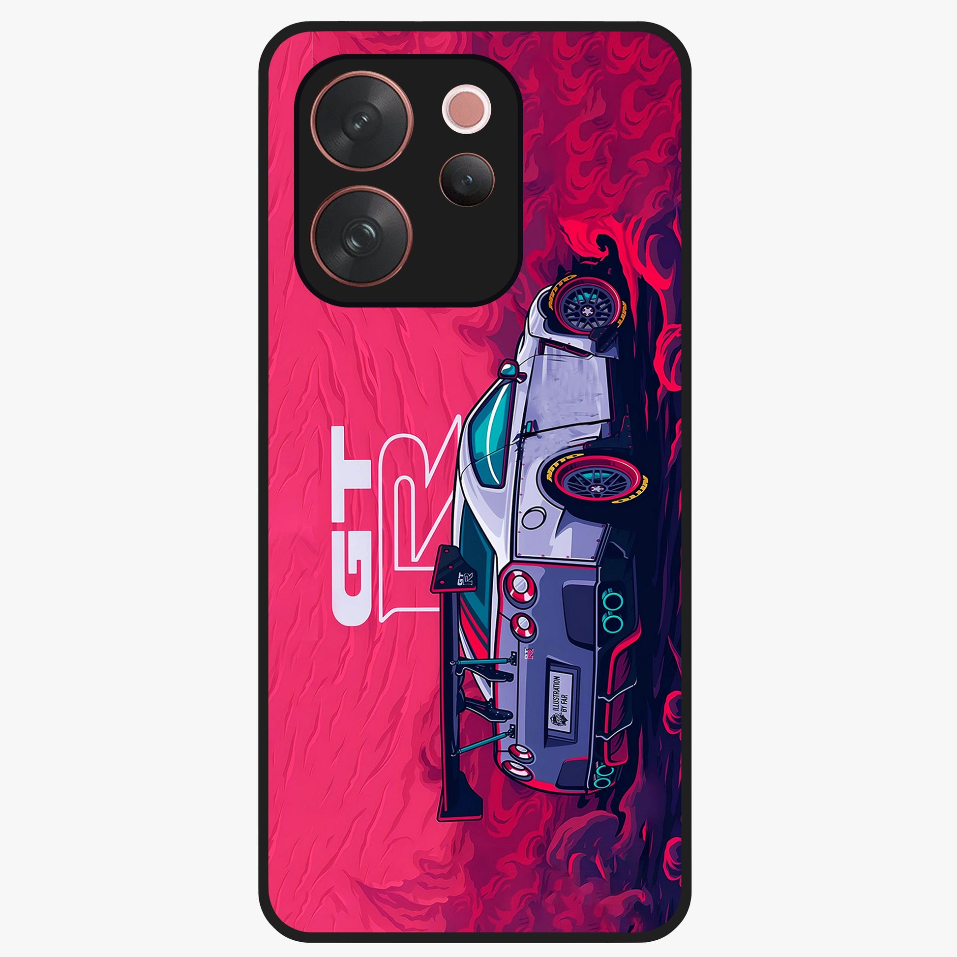 GT-R Car Pattern Glass Case showing flat back view with sporty car inspired pattern artwork and glossy glass finish.