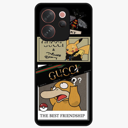 Gucci Play Mashup Glass Case showing flat back view with luxury inspired graphic artwork and glossy glass finish.