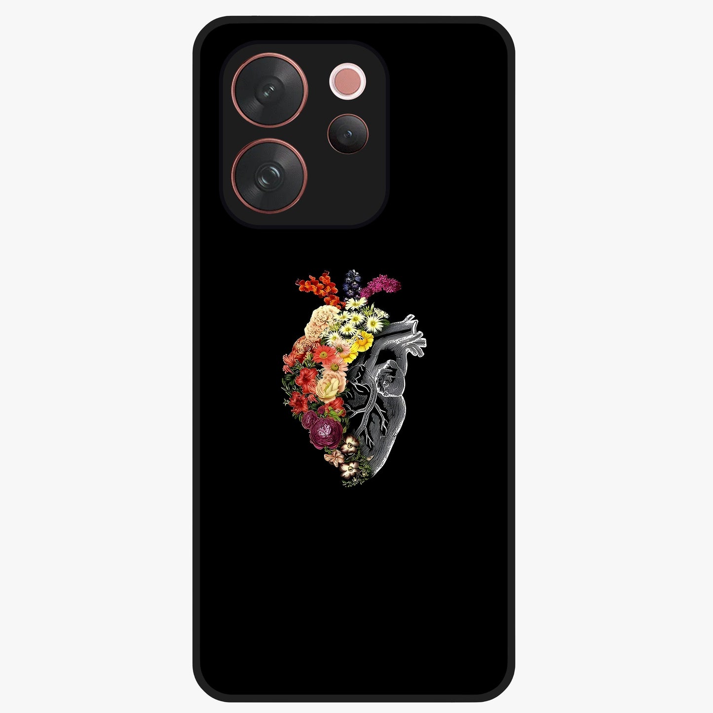 Heart With Flowers Glass Case showing flat back view with heart shaped floral artwork and glossy glass finish.