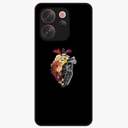 Heart With Flowers Glass Case showing flat back view with heart shaped floral artwork and glossy glass finish.
