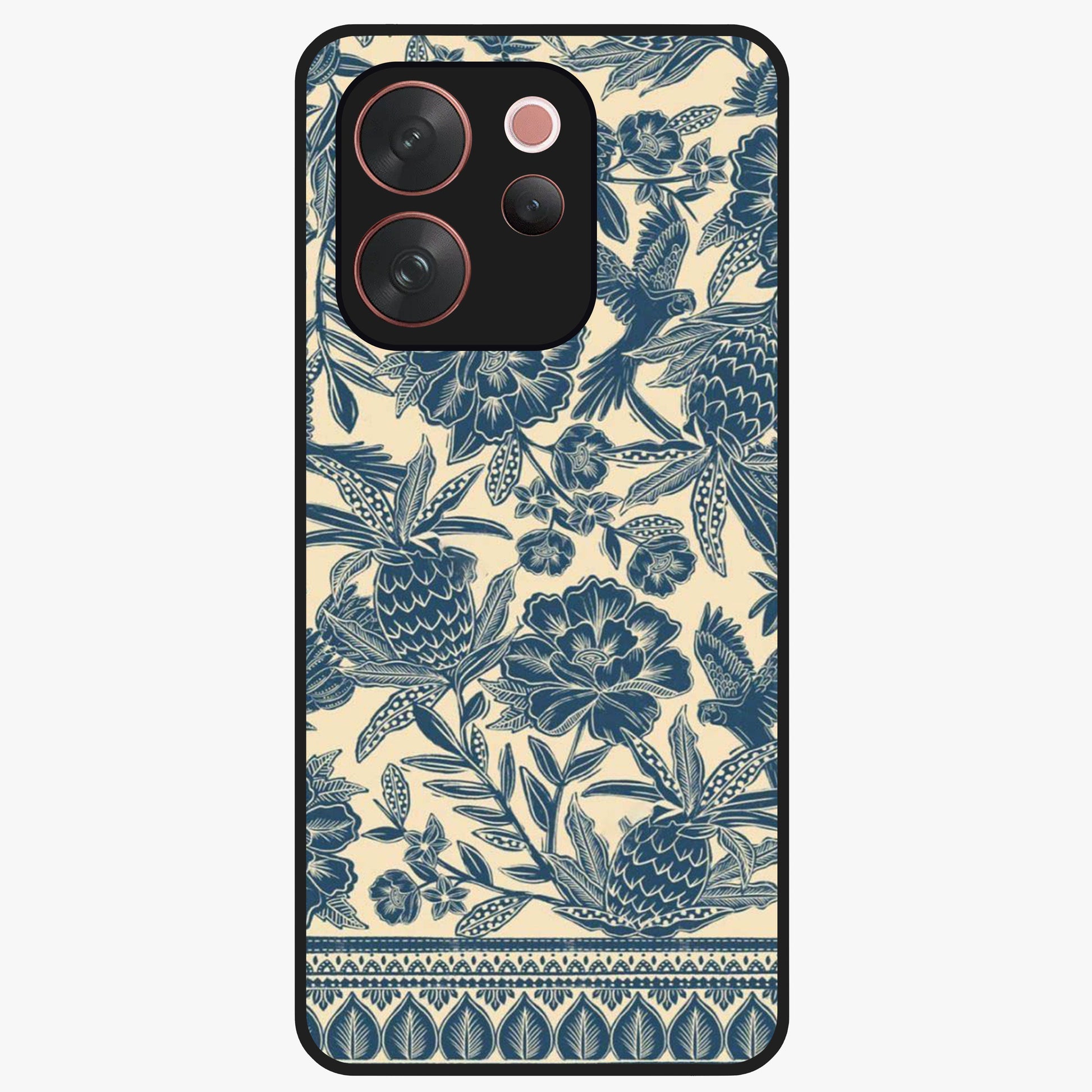 Heirloom Wild Bloom Glass Case showing flat back view with vintage inspired wild flower artwork and glossy glass finish.