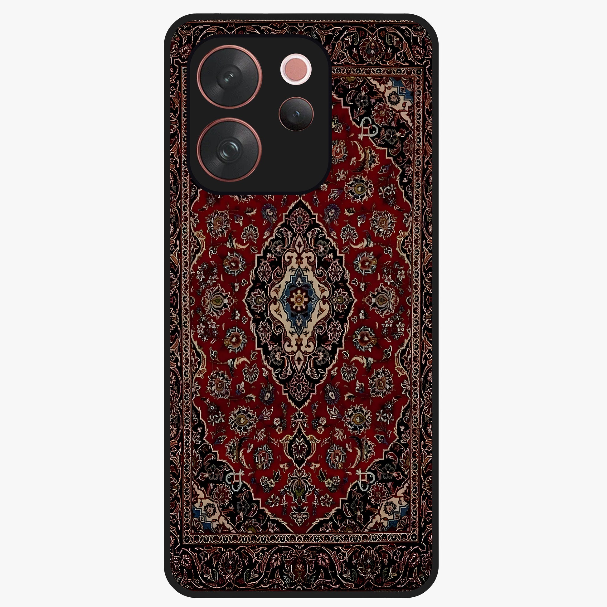 Heritage Carpet Royale Glass Case showing flat back view with ornate Persian carpet inspired pattern and glossy glass finish.