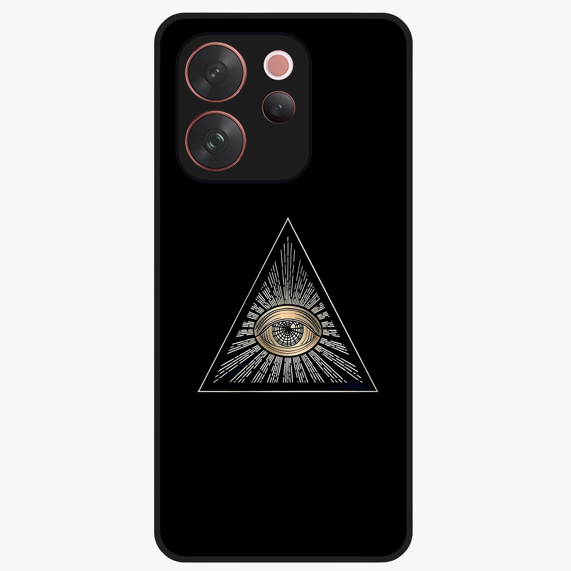 Illuminati Evil Glass Case showing flat back view with mysterious illuminati symbol artwork and glossy glass finish.