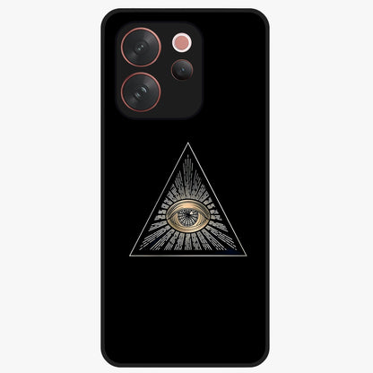 Illuminati Evil Glass Case showing flat back view with mysterious illuminati symbol artwork and glossy glass finish.