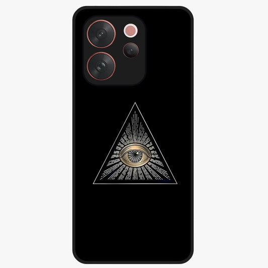 Illuminati Evil Glass Case showing flat back view with mysterious illuminati symbol artwork and glossy glass finish.