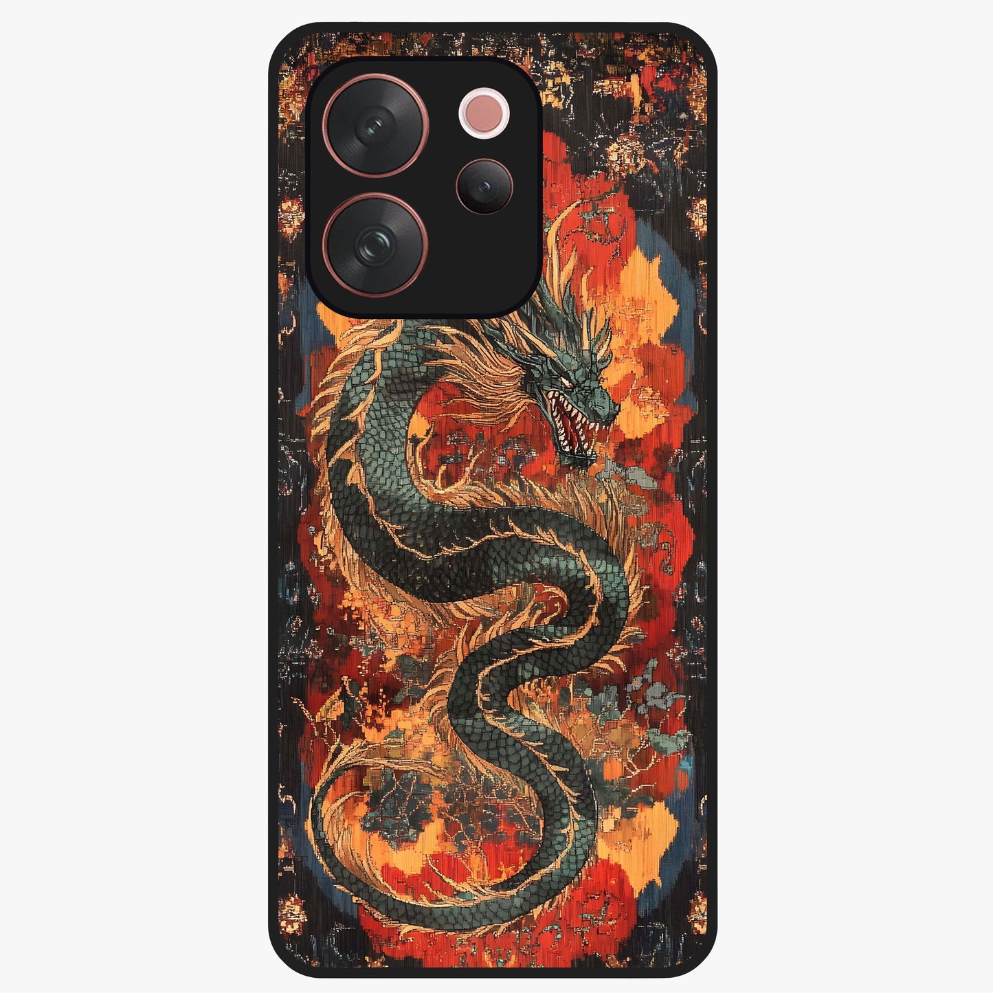 Inferno Dragon Soul Glass Case showing flat back view with fiery dragon artwork and glossy glass finish.