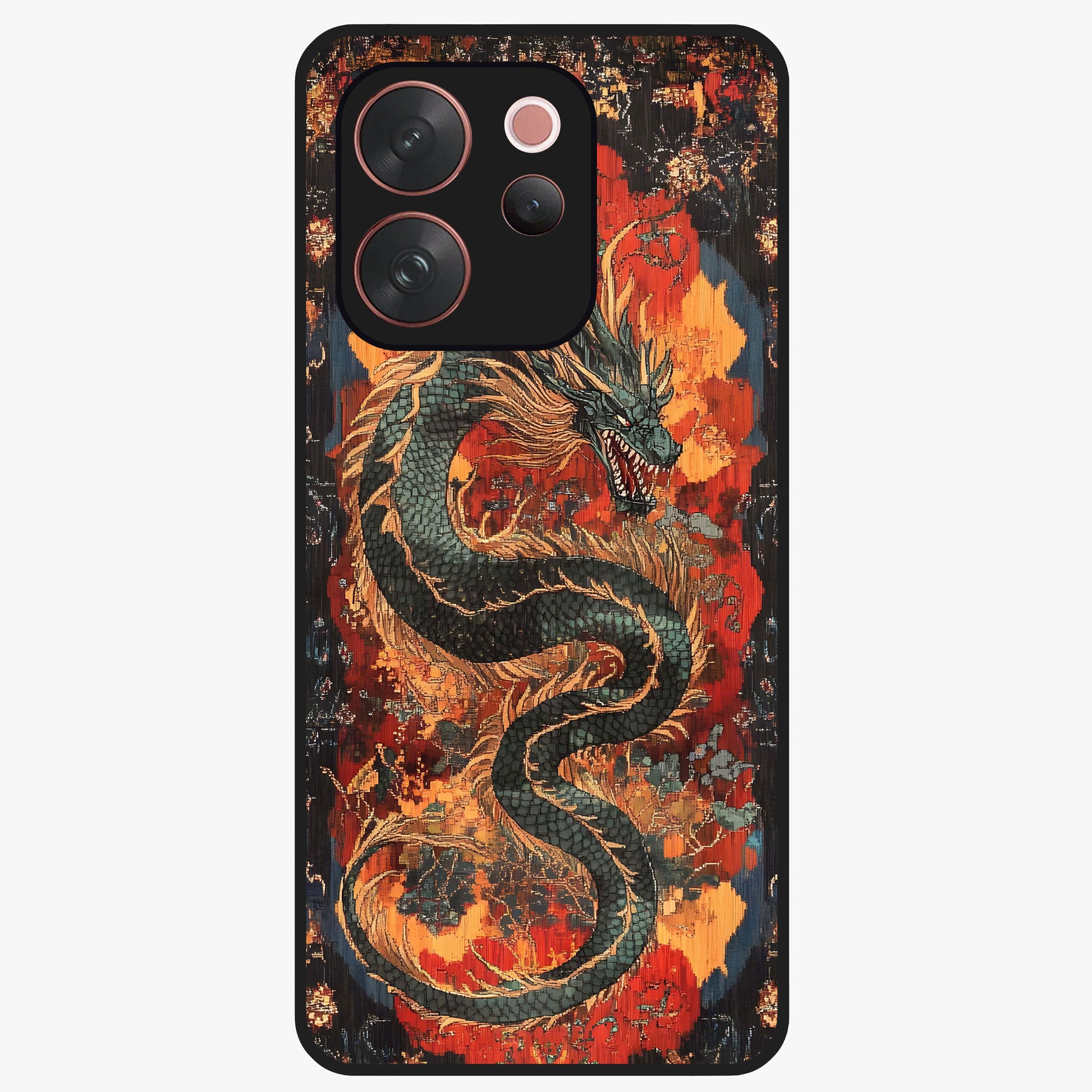 Inferno Dragon Soul Glass Case showing flat back view with fiery dragon artwork and glossy glass finish.